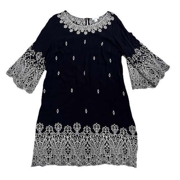 SUNDANCE Palace Shift Midi Dress Black Bell Sleeve Embroidered Scallop Hem Small - Picture 1 of 14